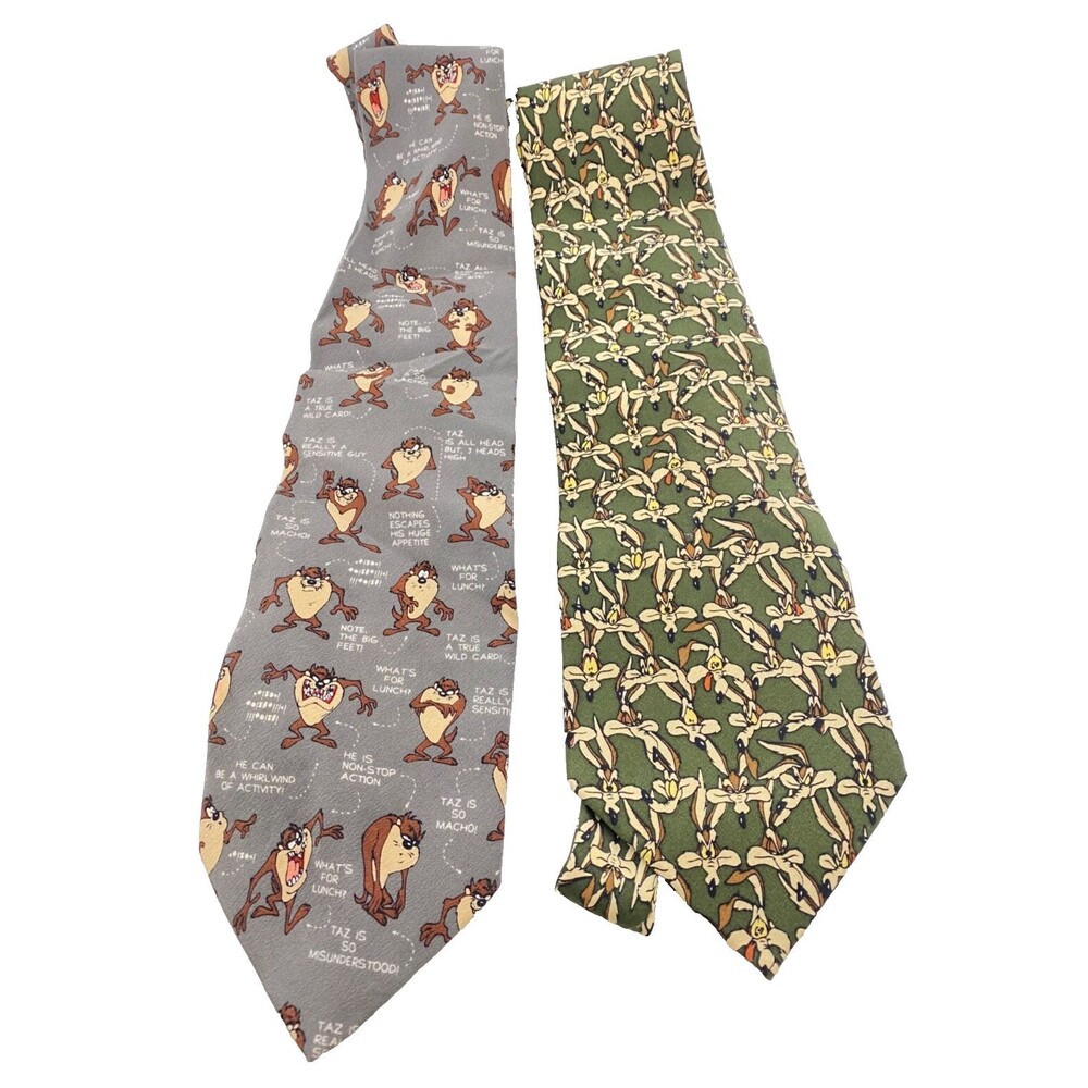 Lot of 2 Vintage 1990's Looney Tunes Warner Bros Neck Ties Wile E. Coyote & Taz